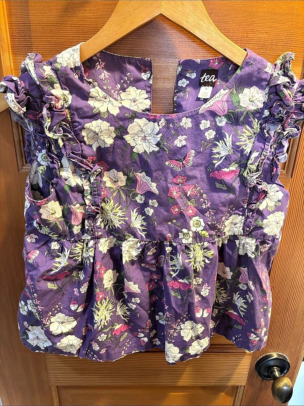 Girls Tea Collection Floral Ruffle Sleeve Blouse in Purple Size 12
